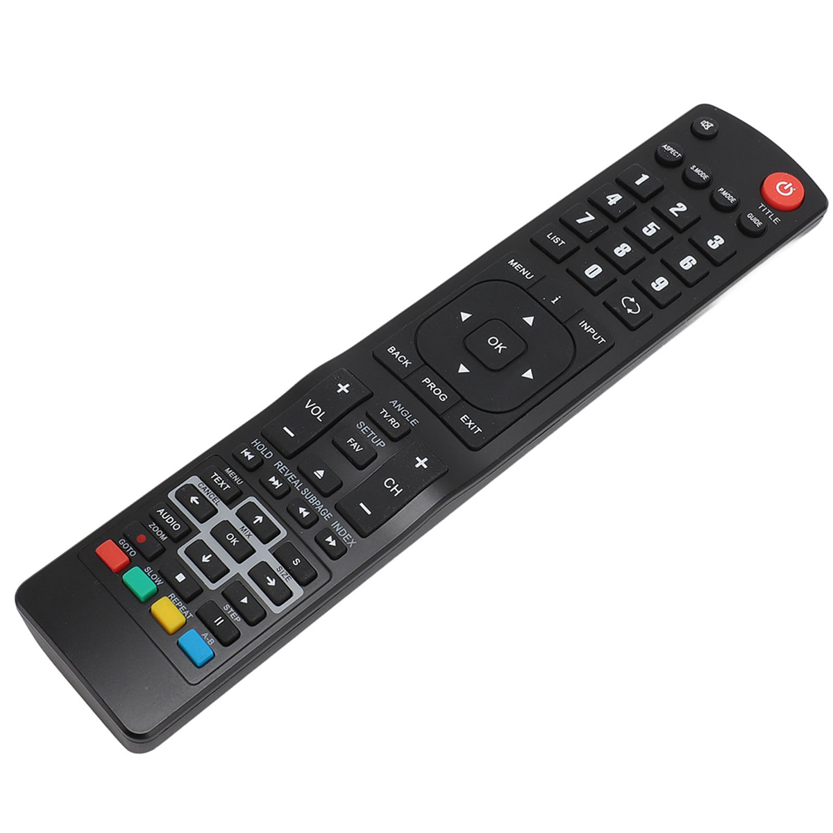 Eine schwarze Fernbedienung mit verschiedenen Tasten für TV-Funktionen auf weißem Hintergrund.