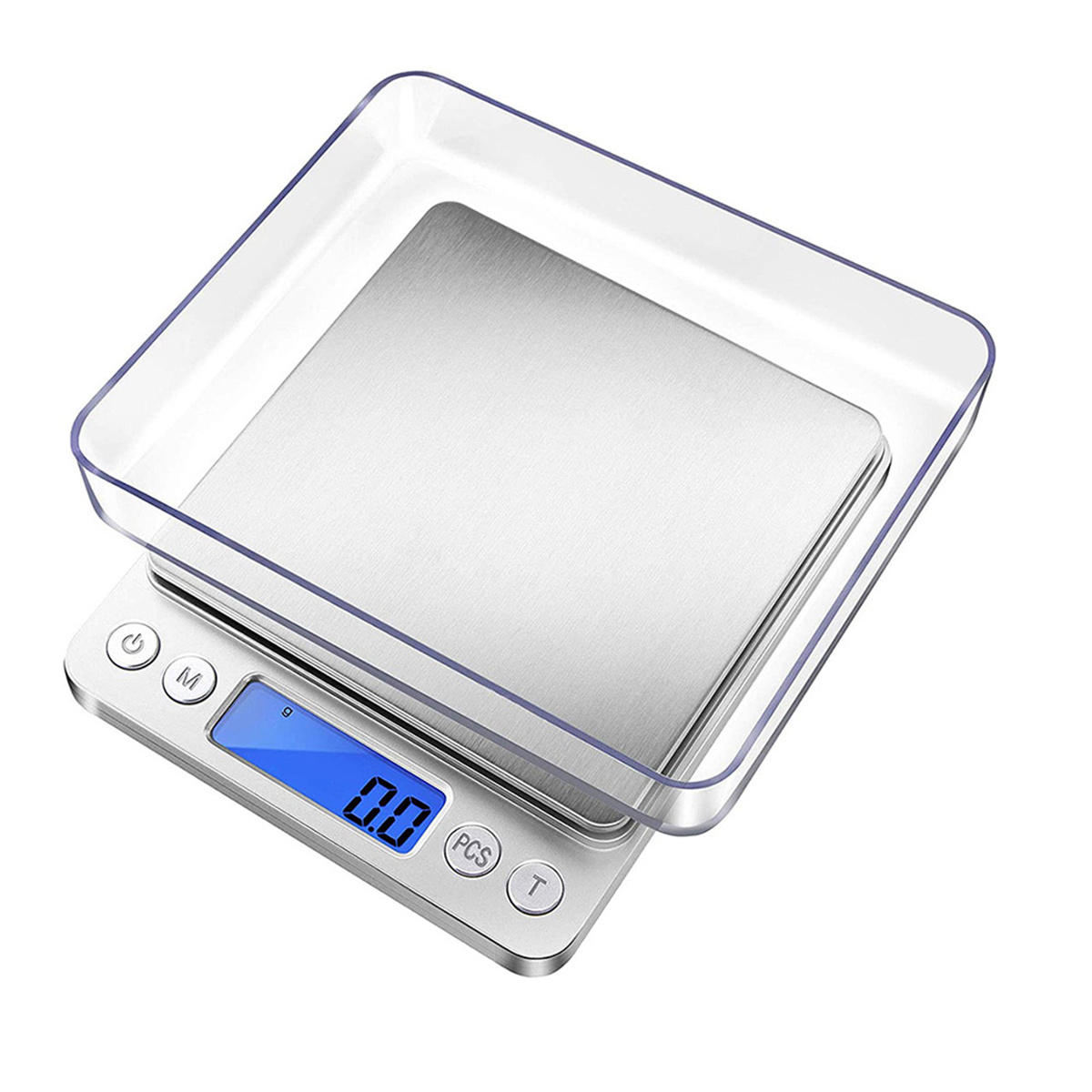 Eine digitale Küchenwaage mit einer durchsichtigen Kunststoffschale. Der Bildschirm zeigt "0,0". Die Waage ist silber.