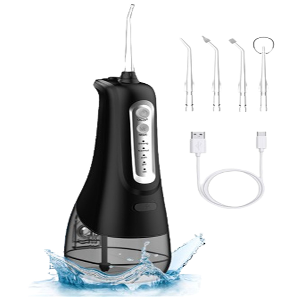 Ein schwarzer Wasserflosser mit Wassertank und Zubehör. Weiße USB-Ladekabel sind ebenfalls abgebildet.