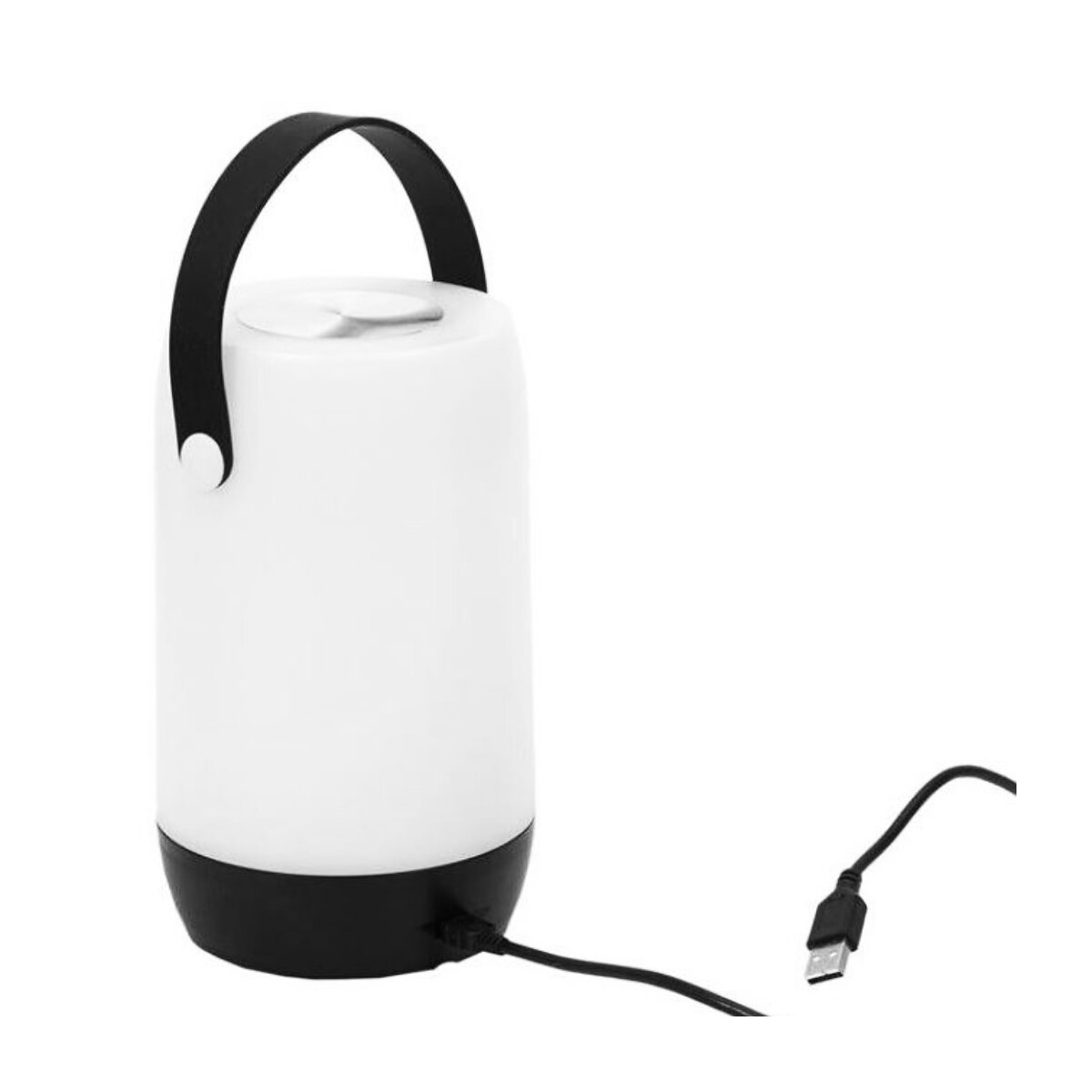 Eine weiß-schwarze tragbare Lampe mit angeschlossenem USB-Kabel.