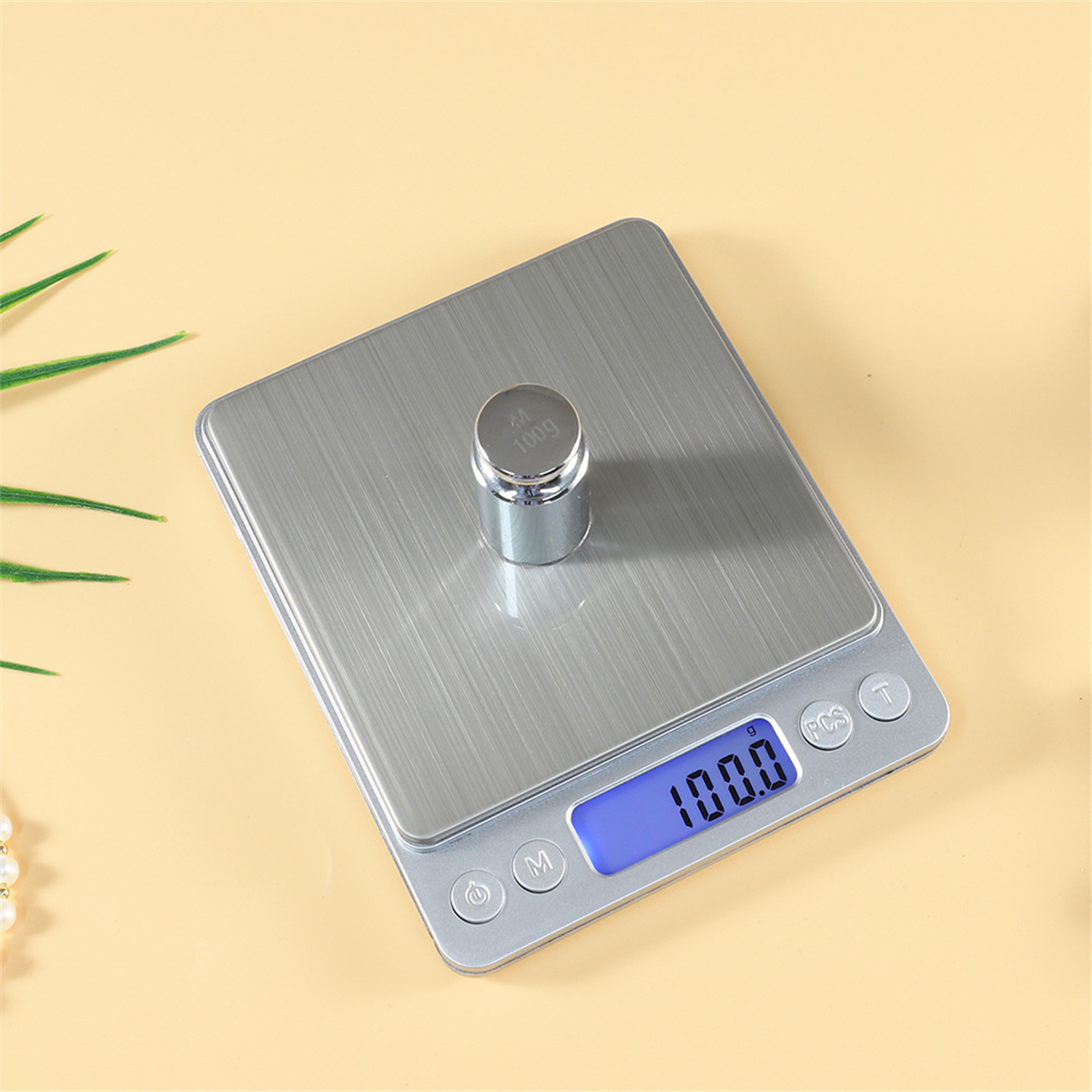 Digitale Küchenwaage mit einem 100g Gewicht. Die Waage zeigt das Gewicht als 100,0 an.