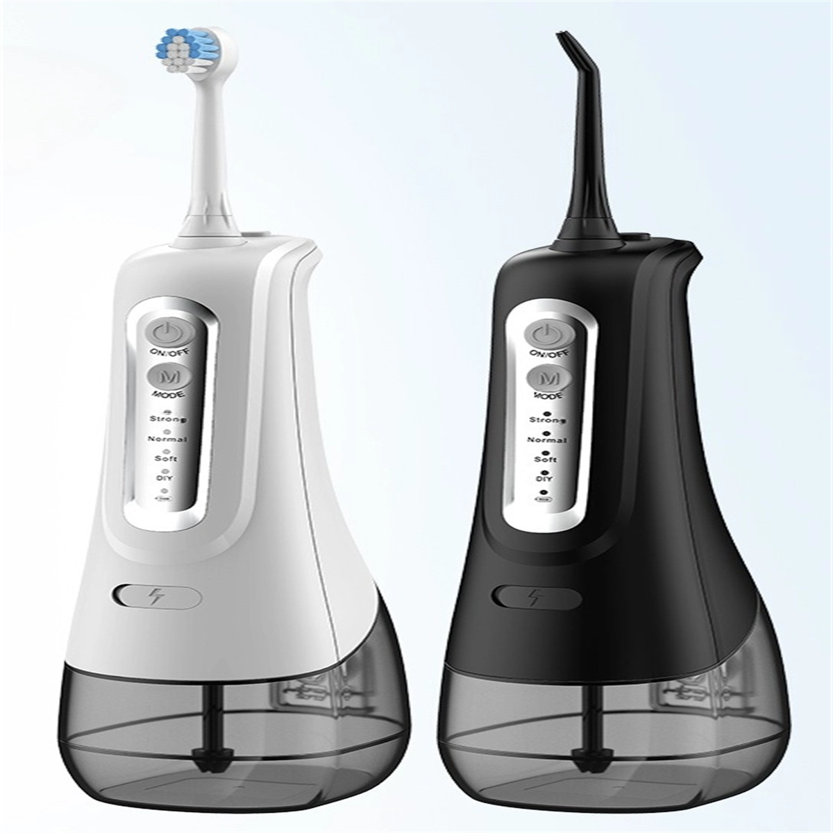 Zwei Zahn-Wasserflosser, einer weiß, einer schwarz, mit Knöpfen, Düsen und Wasserbehältern.