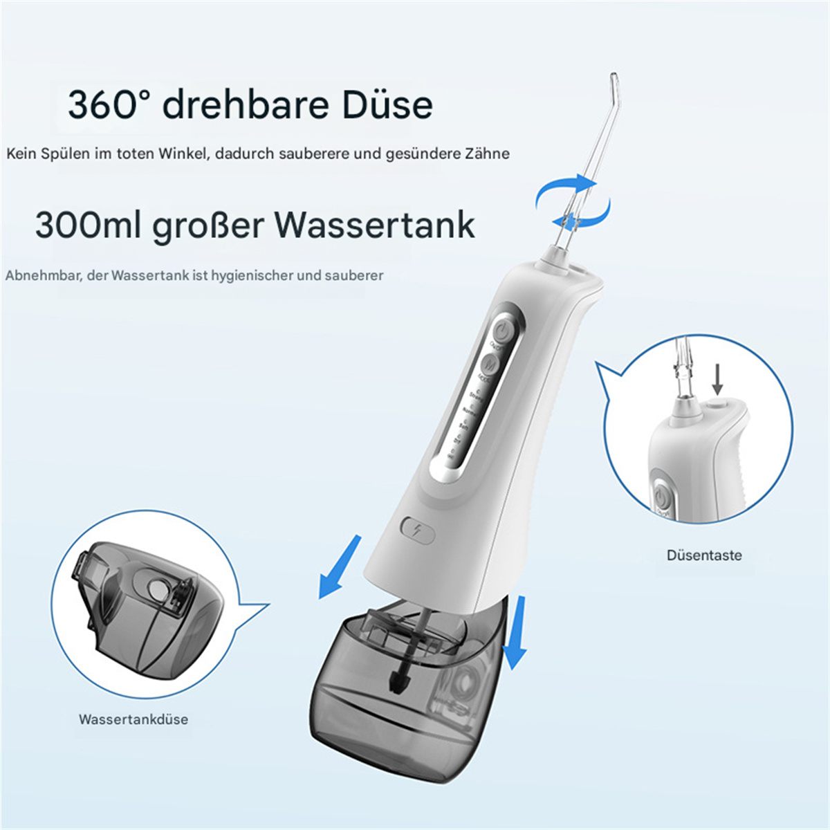 Weißer Wasserflosser mit abnehmbarem schwarzem Wassertank. Text: 360° drehbare Düse, 300 ml Wassertank.