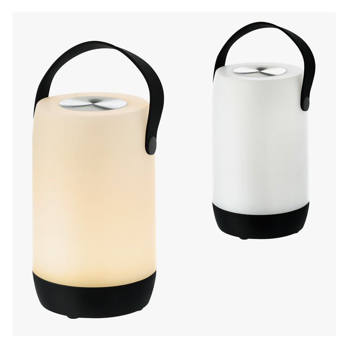 Zwei zylindrische Lampen. Eine leuchtet warmweiß, die andere nicht. Beide haben Griffe und schwarze Füße.