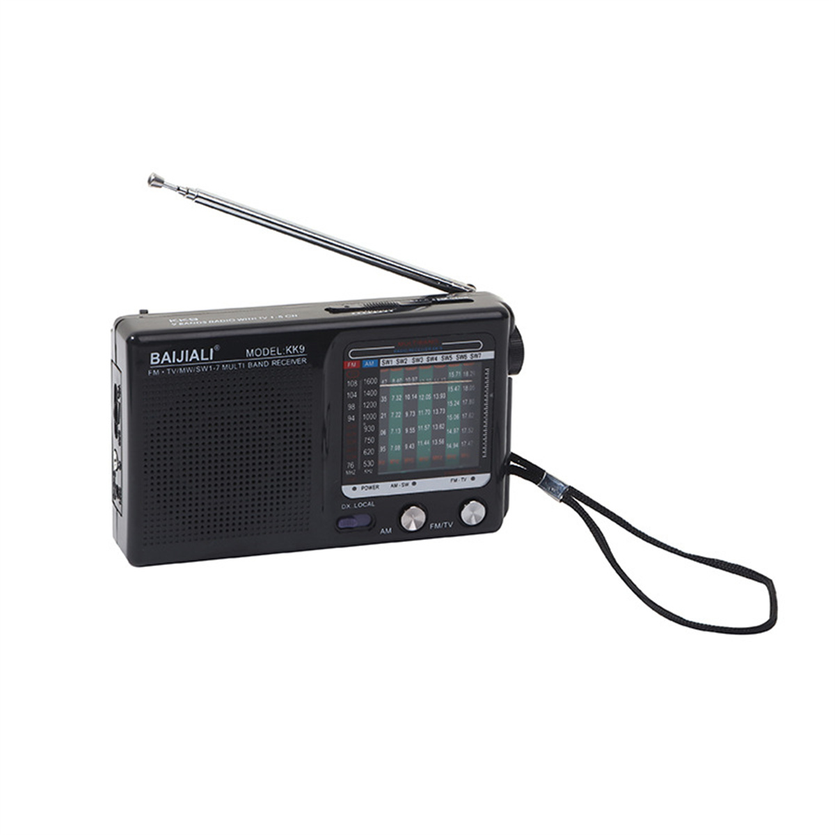 Schwarzes Radio mit Antenne. Zeigt ein Zifferblatt und hat einen Trageriemen. Die Marke ist BAIJIALI.