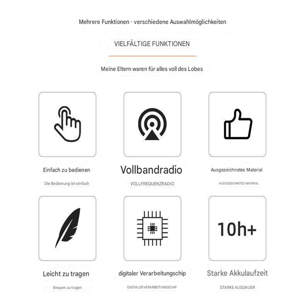 Symbole, die Funktionen beschreiben: einfach zu bedienen, Vollbandradio, hervorragendes Material, starke Batterie.