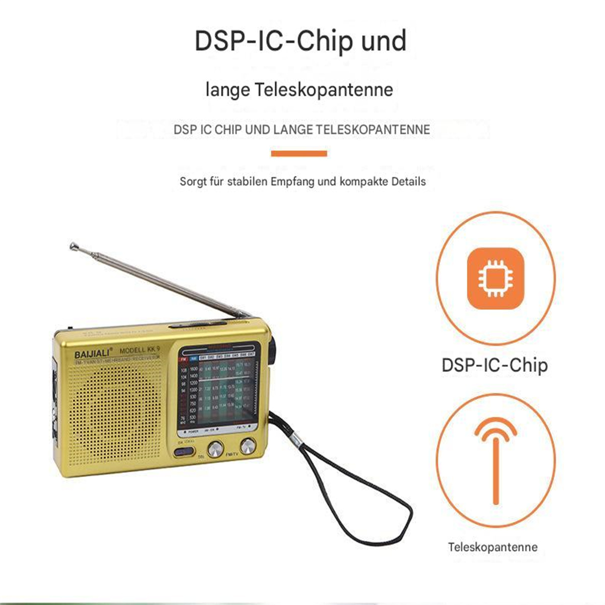 Ein goldenes Radio mit langer Antenne und Text über den DSP-IC-Chip und die Teleskopantenne.