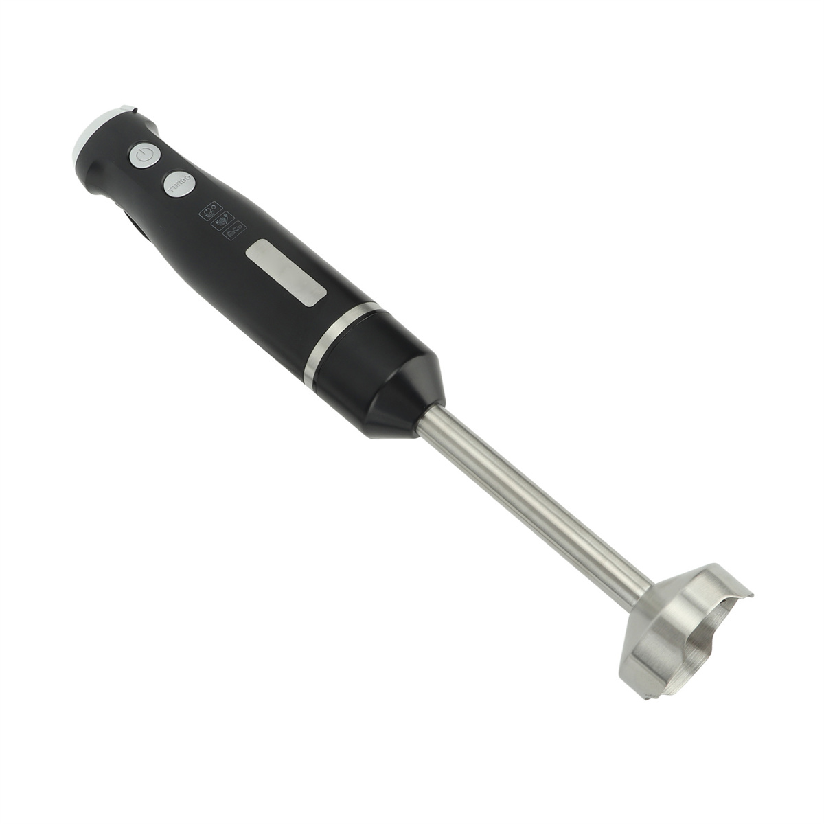 Schwarzer Stabmixer mit Edelstahl-Mischaufsatz, schräg vor weißem Hintergrund.