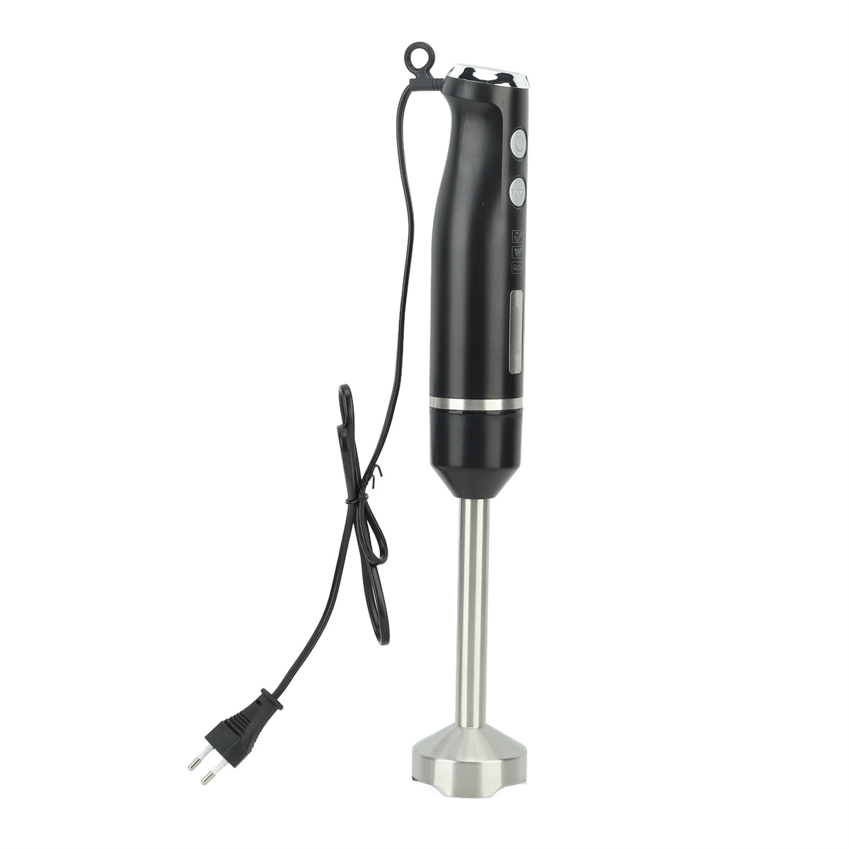 Ein schwarzer Handmixer. Der Mixer hat einen langen Schaft aus Edelstahl und ein Netzkabel.