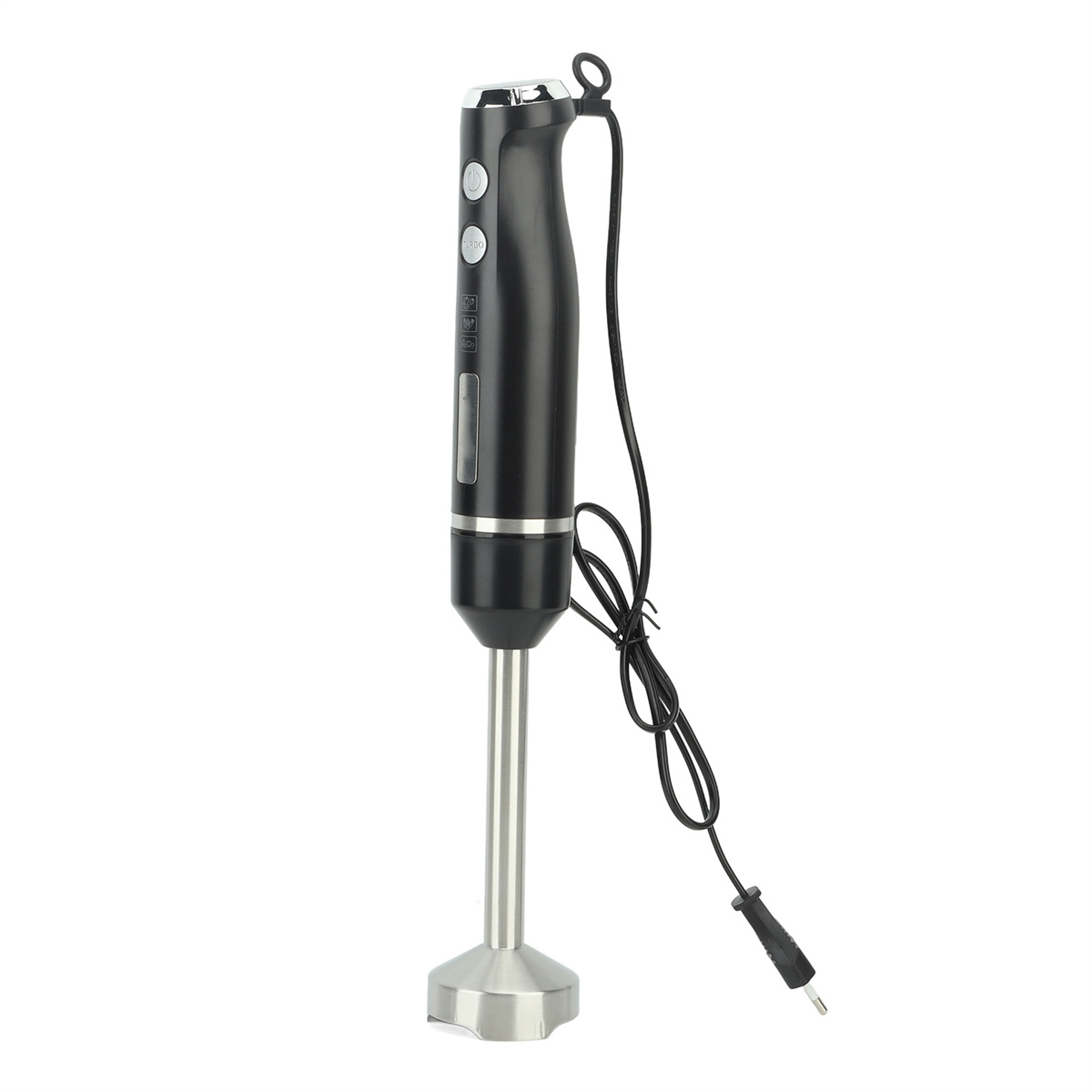 Ein schwarzer Stabmixer mit silberner Klinge. Ein schwarzes Netzkabel ist am Mixer befestigt.