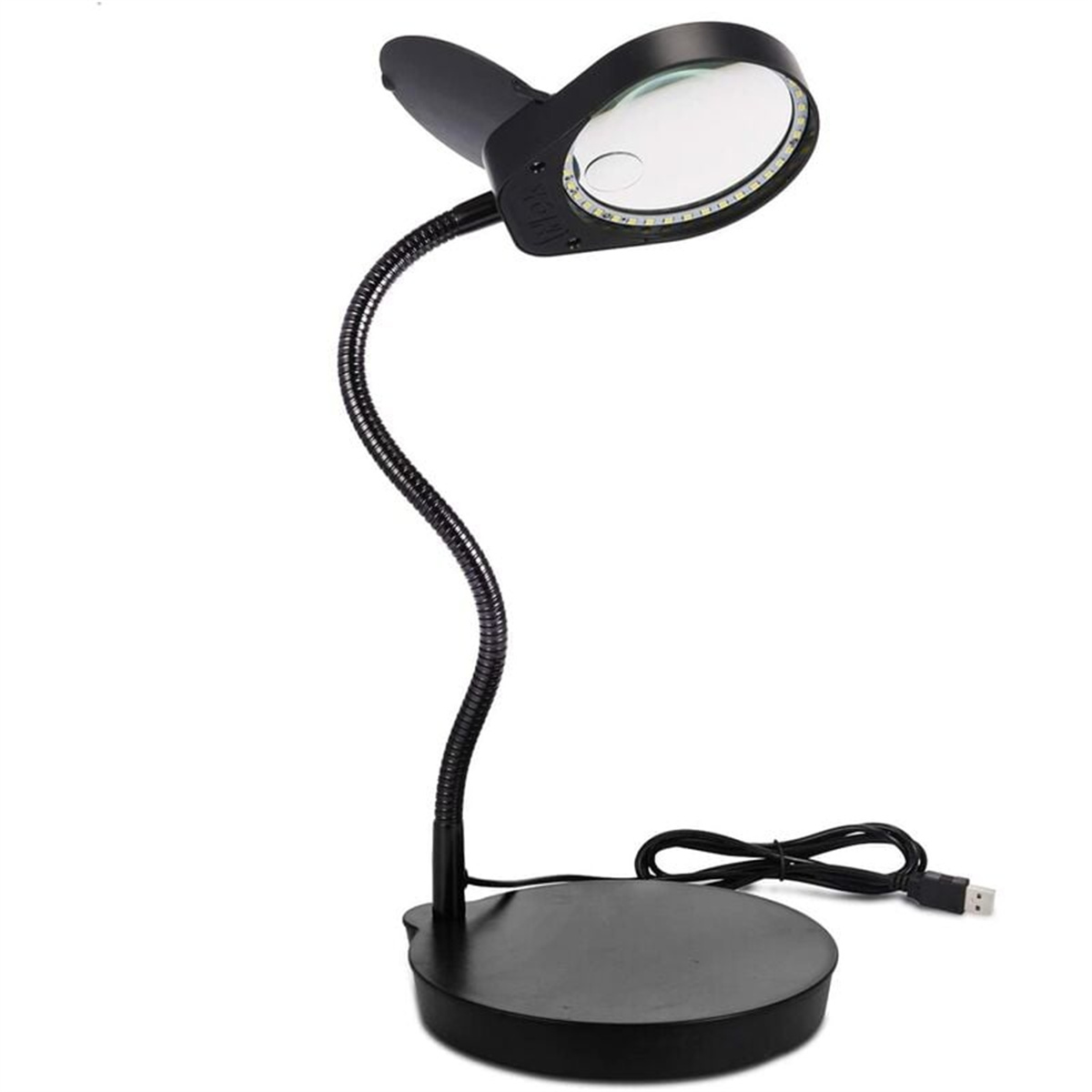 Schwarze Lupe mit flexiblem Arm und rundem Sockel. Sie hat eine LED-Leuchte um die Linse.