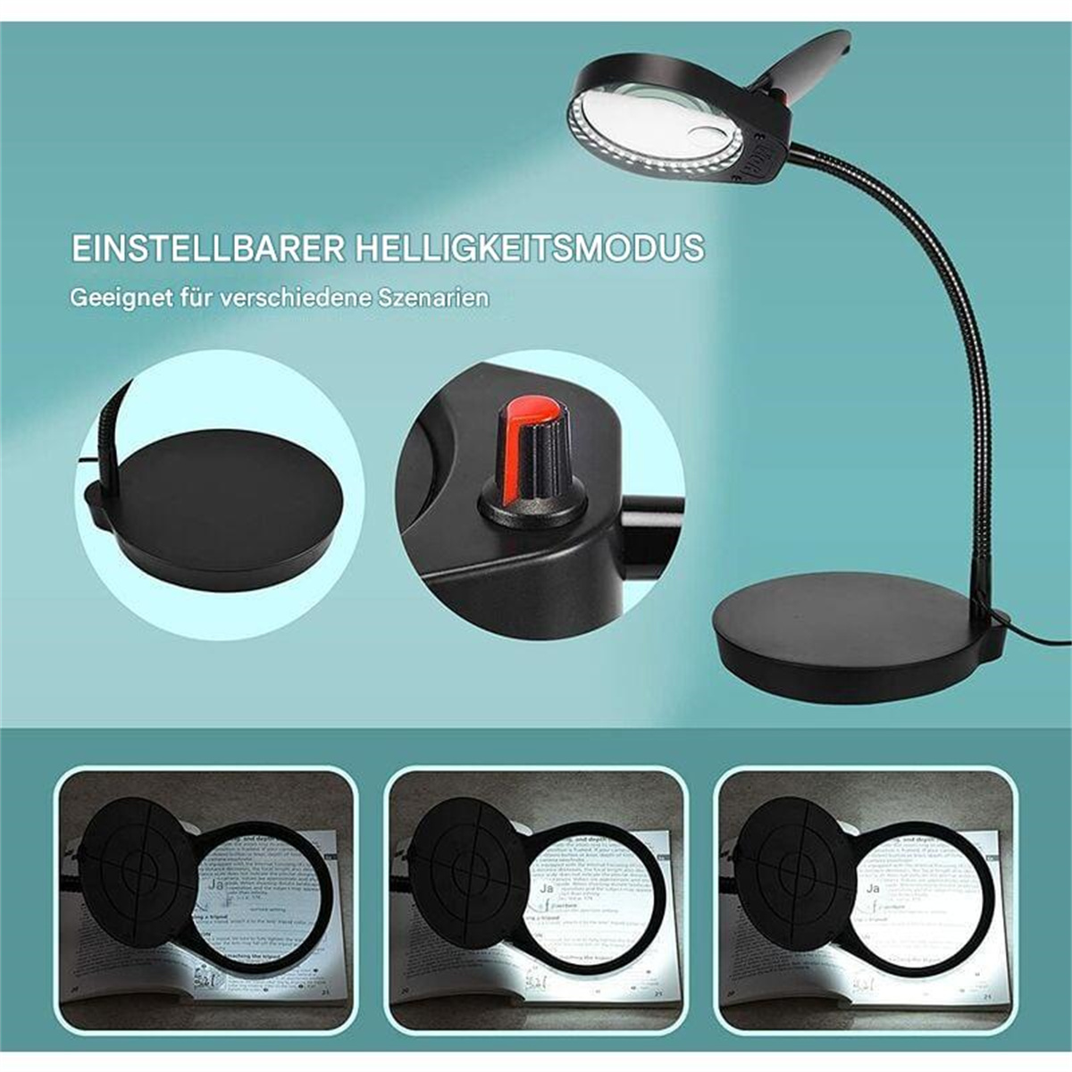 Lupe mit einstellbarer Helligkeit. Basis, Schwanenhals und Lupe mit LEDs.