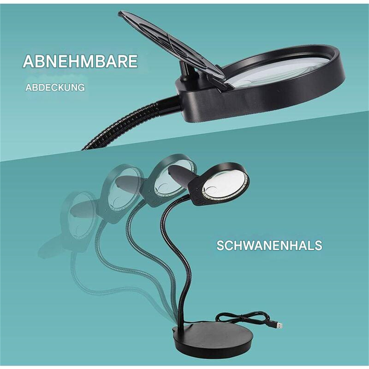 Schwarze Schreibtischlampe mit flexiblem Hals. Teile umfassen Lupe und Basis.