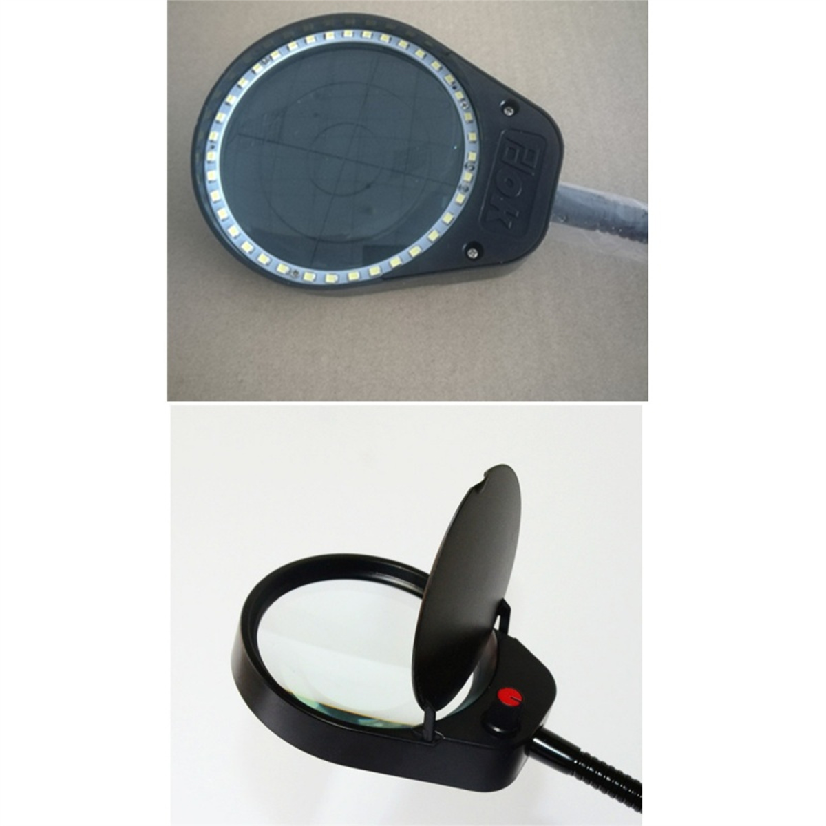 Zwei Bilder einer schwarzen Lupe mit LED-Leuchten. Eines offen, eines geschlossen. Weißer Hintergrund.
