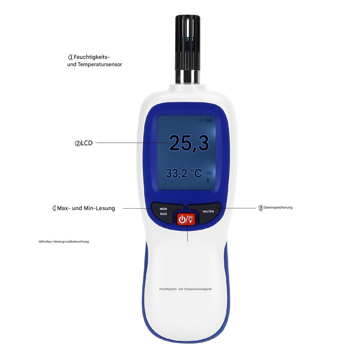 Ein Handgerät in blau-weißem Design, das Temperatur- und Feuchtigkeitsmesswerte anzeigt.