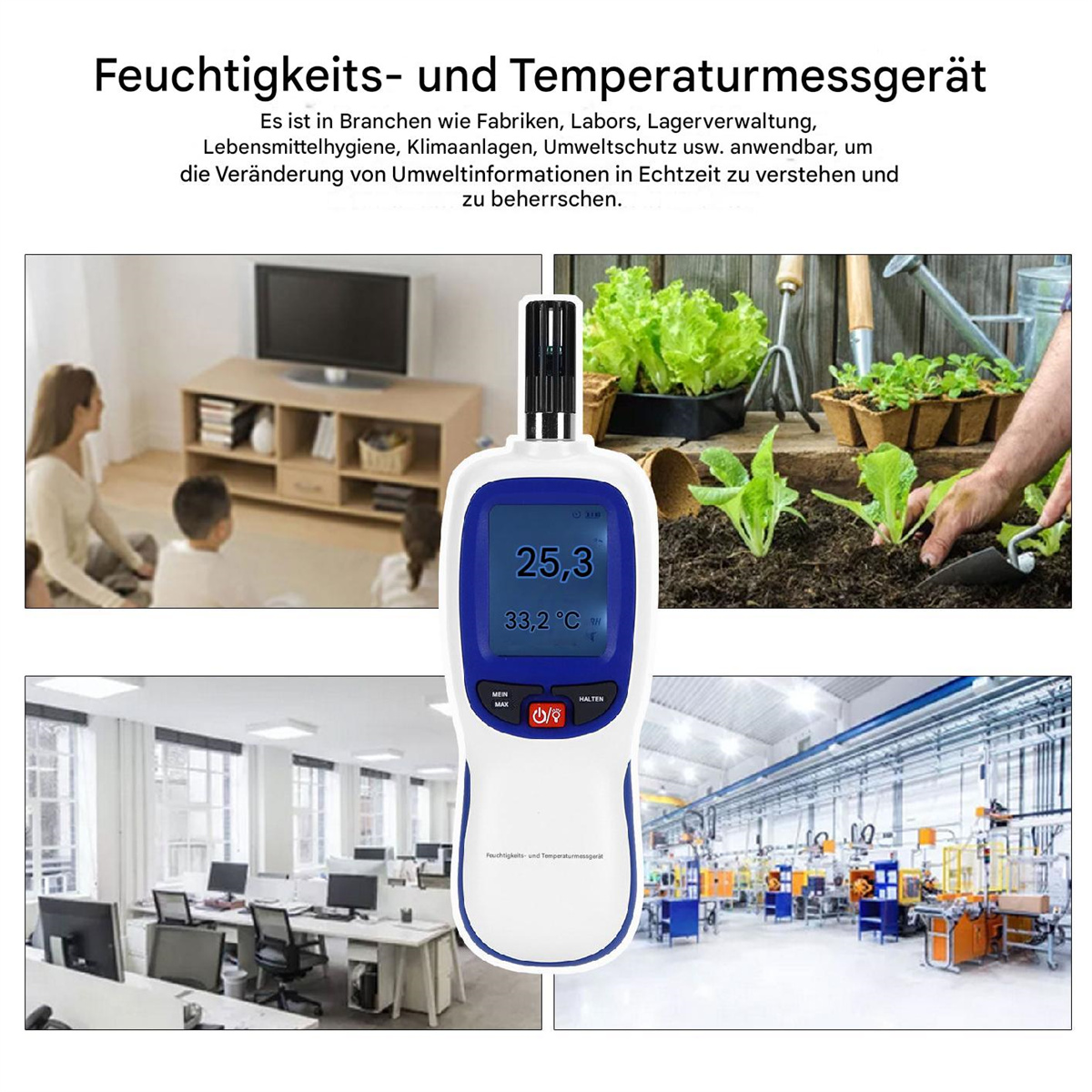 Bild zeigt Gerät zur Messung von Temperatur und Feuchtigkeit mit mehreren Szenen im Hintergrund.