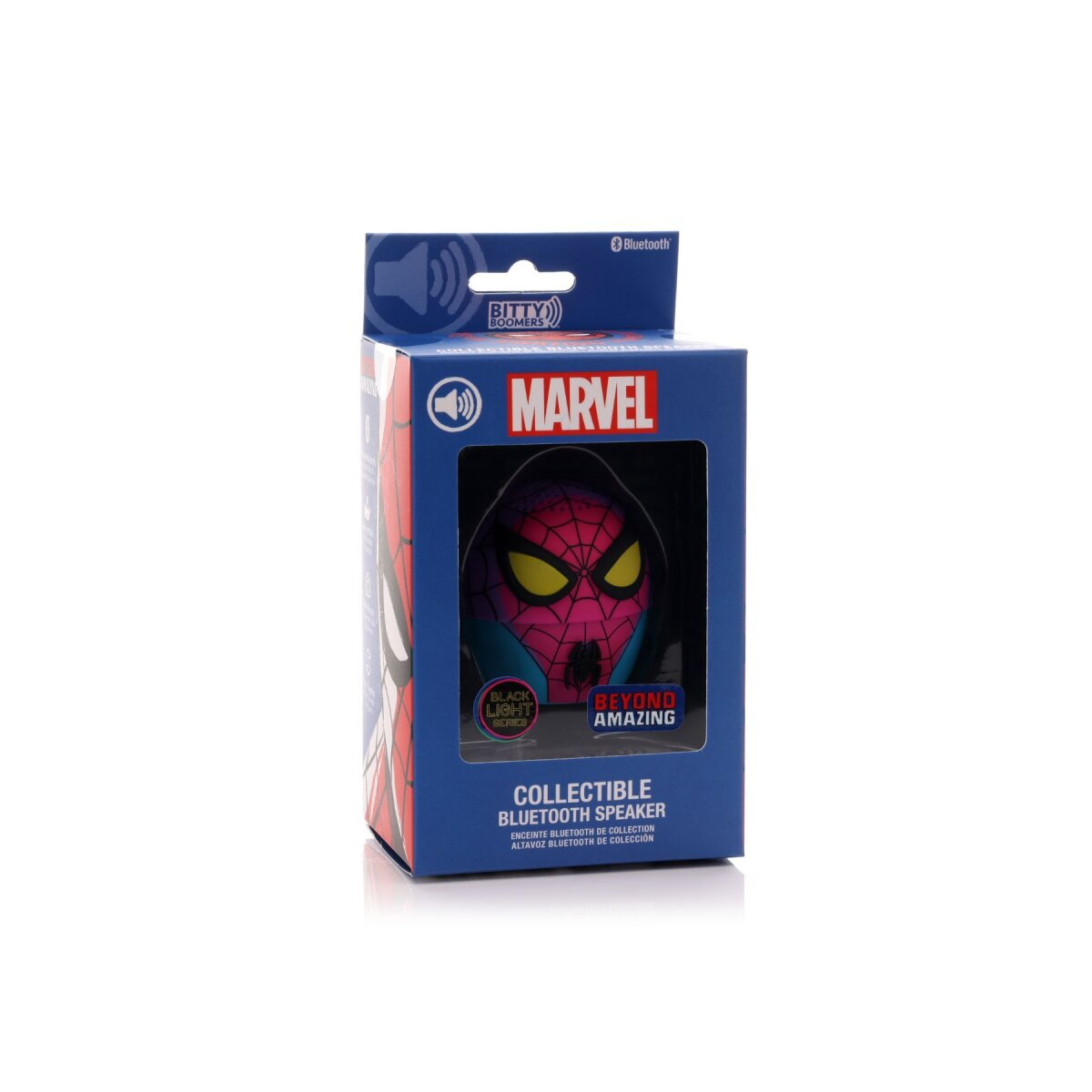 Box von Marvel Bitty Boomers Lautsprecher. Der Lautsprecher ähnelt Spider-Man.
