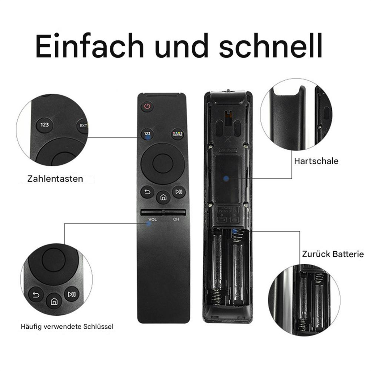 Zwei Fernbedienungen, eine geöffnet, mit Tasten und Batteriefach auf weißer Oberfläche.