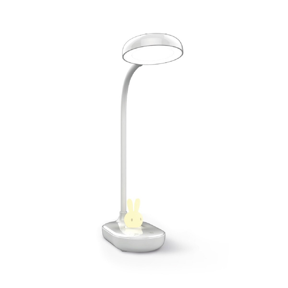 Weiße und silberne Schreibtischlampe, mit hasenförmigem Licht an der Basis, auf weißer Oberfläche.