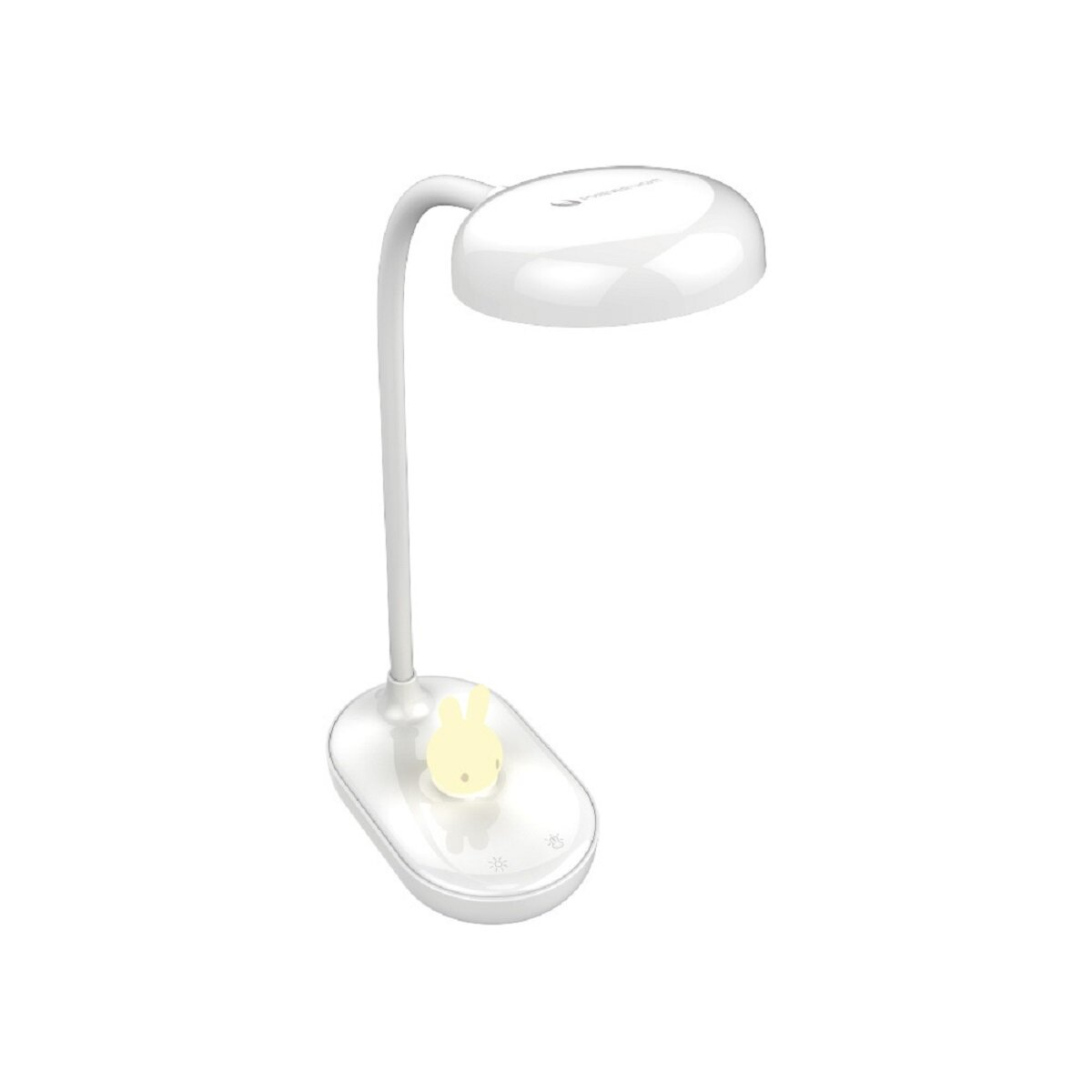 Eine weiße Schreibtischlampe mit einem hasenförmigen Nachtlicht. Die Lampe hat einen gebogenen Hals.
