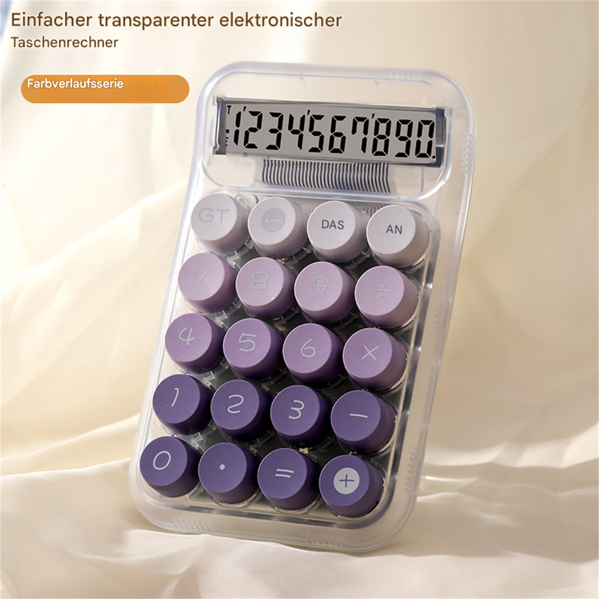 Ein transparenter Taschenrechner mit lila Knöpfen und digitaler Anzeige mit Zahlen.