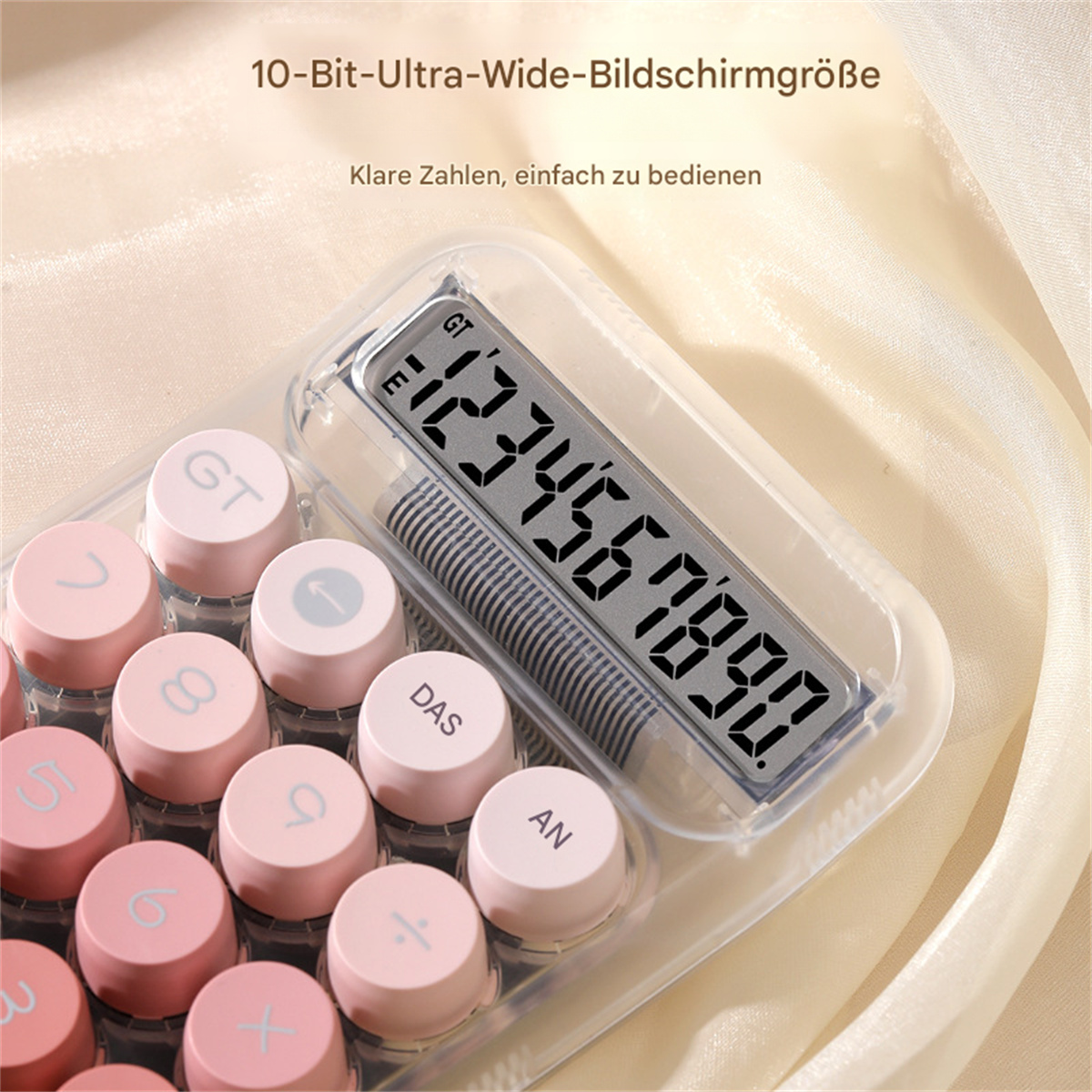 Rosa Taschenrechner mit großem Display, rosa runde Tasten, auf glänzender Oberfläche.