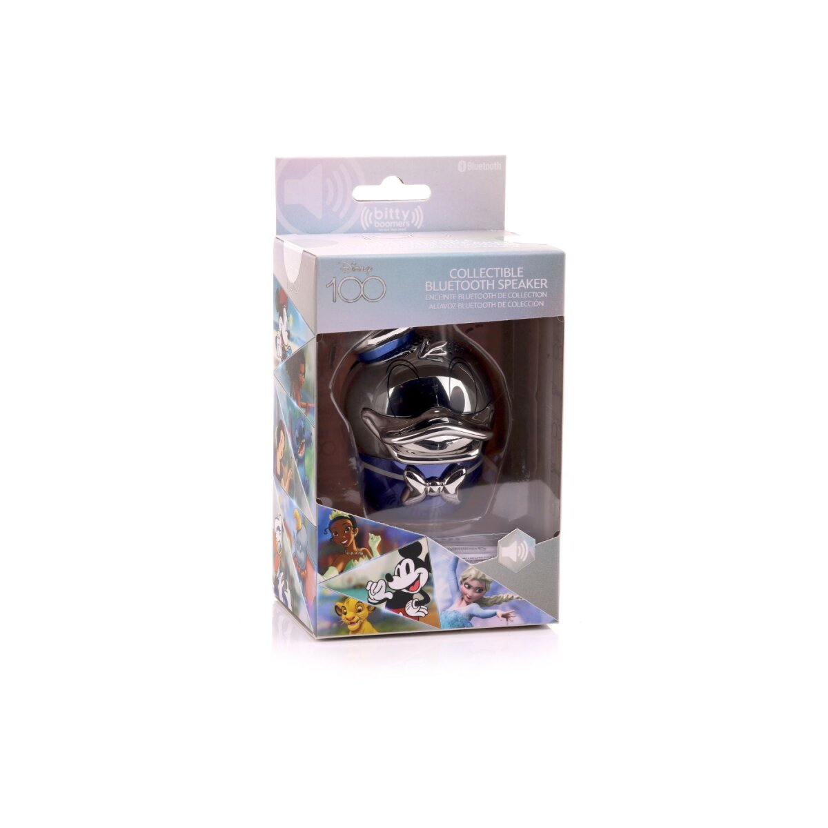 Ein Disney Donald Duck Bluetooth-Lautsprecher in einer Box. Bilder von Disney-Charakteren sind drum herum.