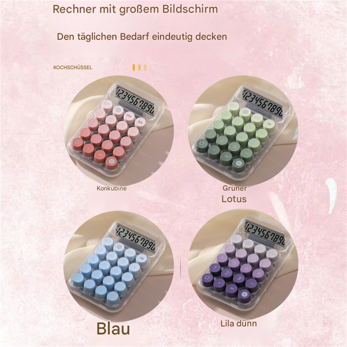 Taschenrechner in Rosa, Grün, Blau und Lila. Jeder hat einen Bildschirm mit Zahlen und farbigen Tasten.
