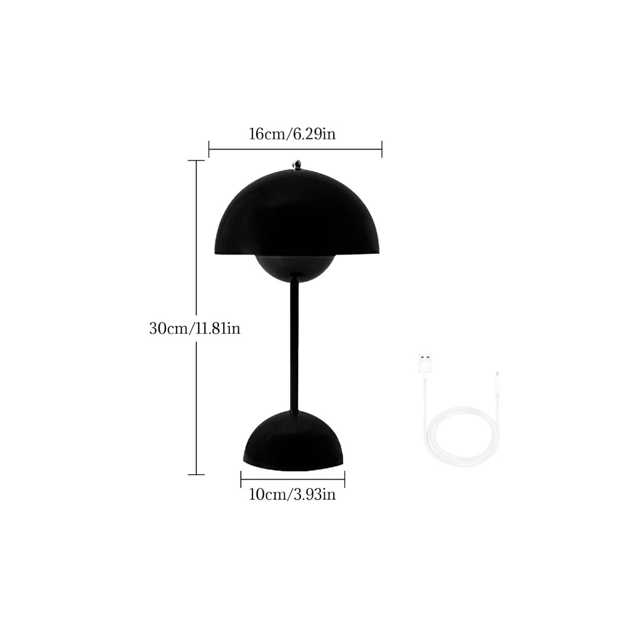 Eine schwarze, kuppelförmige Tischlampe mit angegebenen Maßen und ein weißes USB-Kabel.