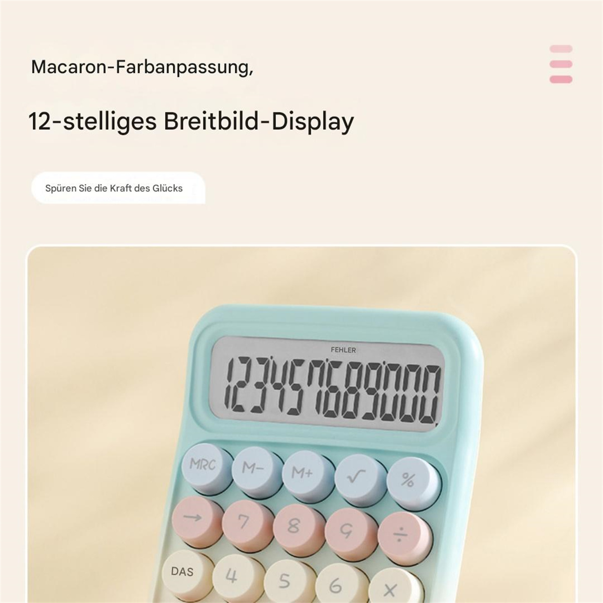 Rechner mit rosa und grünen Tasten, zeigt Zahlen an. Text: '123456789000' und 'FEHLER'.