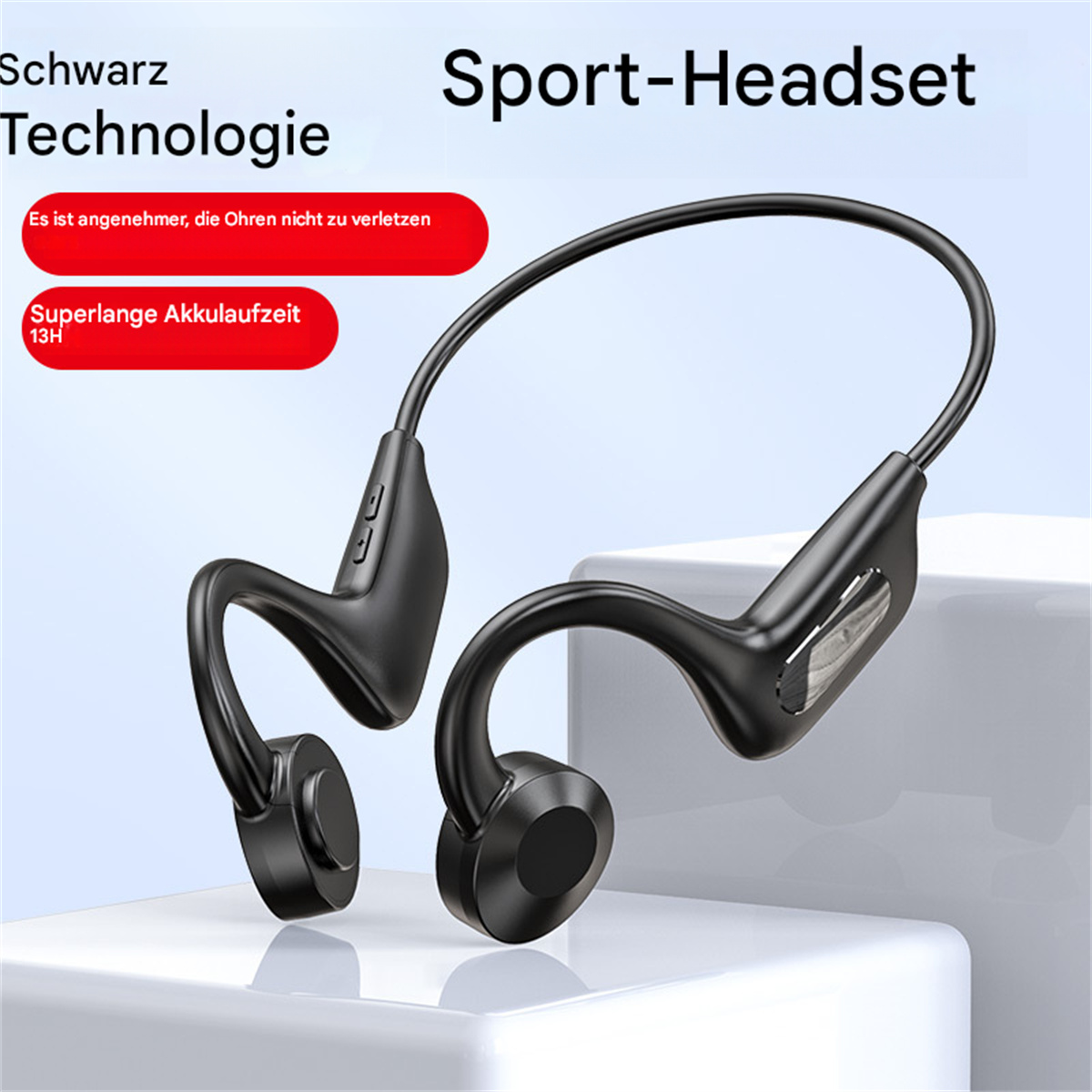 Schwarze Sportkopfhörer liegen auf einer weißen Oberfläche. Der Text ist auf Deutsch und beschreibt Funktionen.