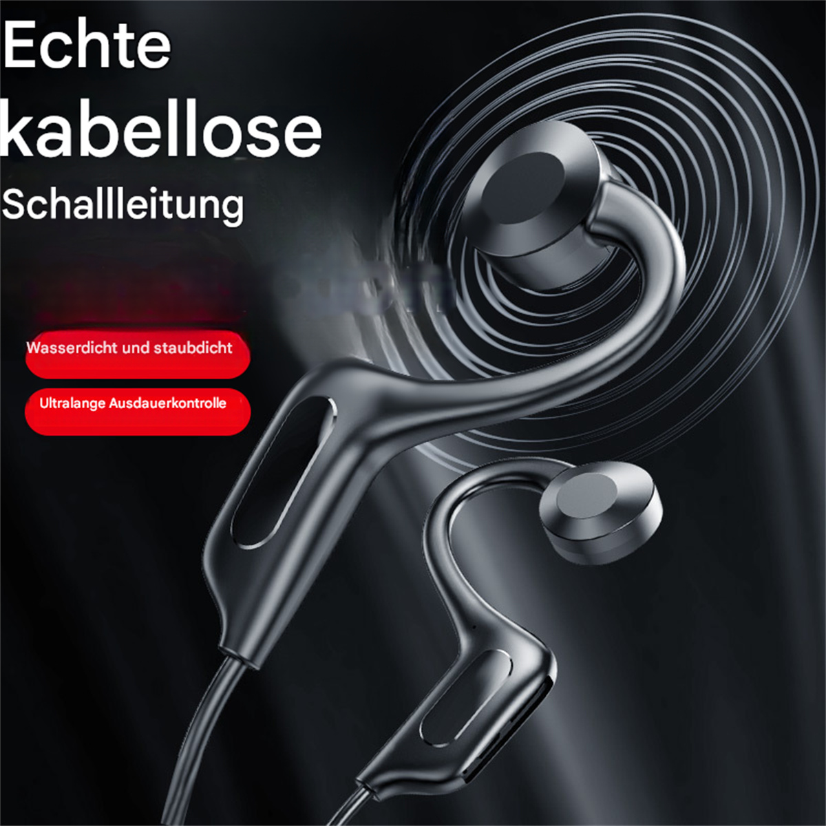 Schwarze kabellose Ohrhörer. Text: Echte kabellose Schallleitung. Wasserdicht.