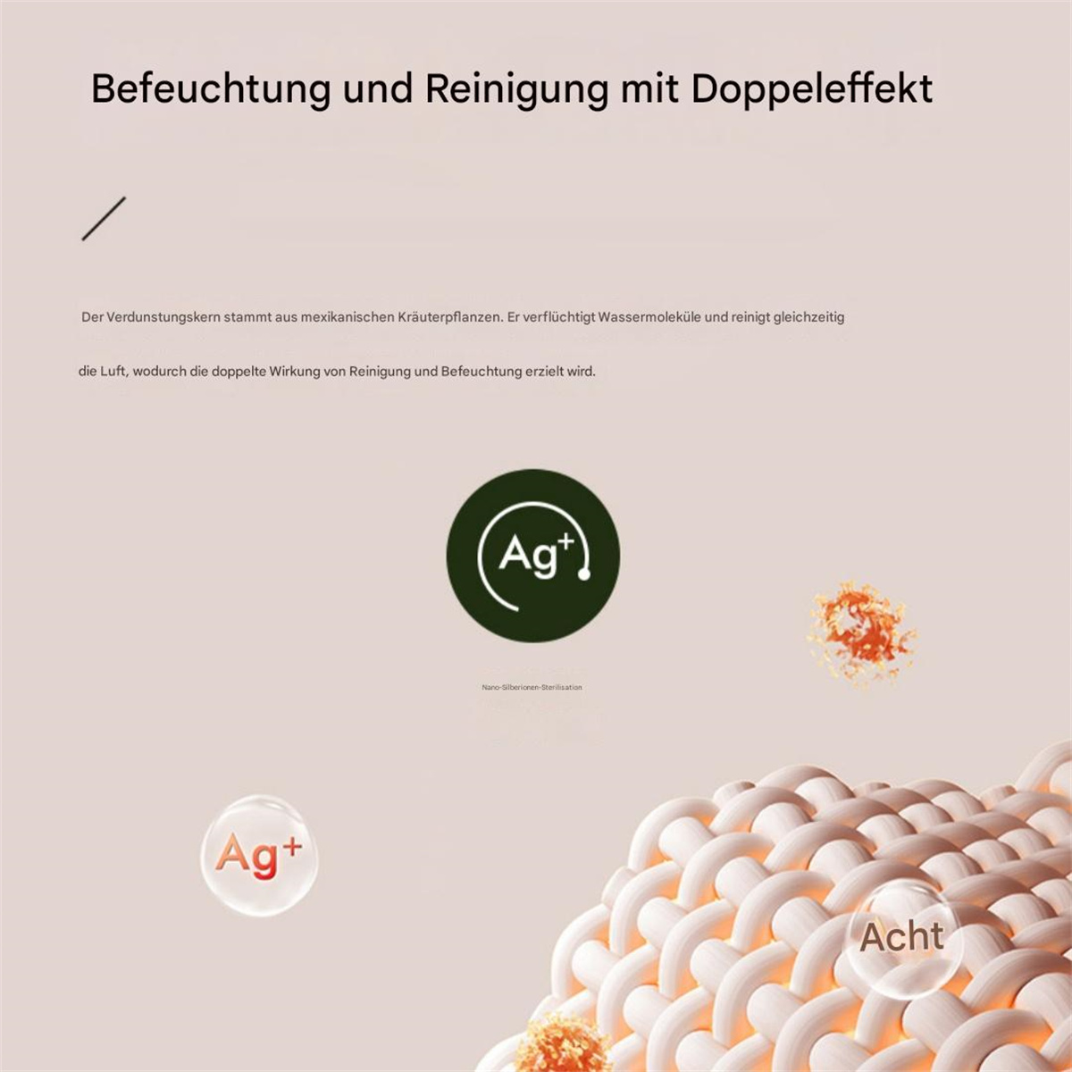 Das Bild zeigt Text über doppelte Befeuchtung und Reinigung, mit Grafik einer weißen Struktur und einem grünen Kreis.