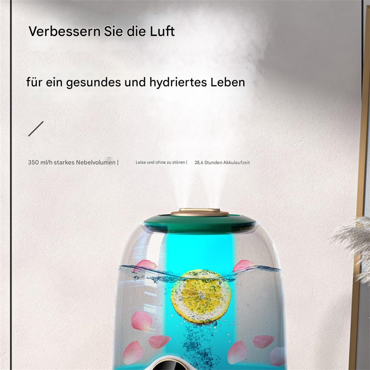 Ein Luftbefeuchter mit Wasser und Blumen. Text: Verbessern Sie die Luft, für ein gesundes Leben.