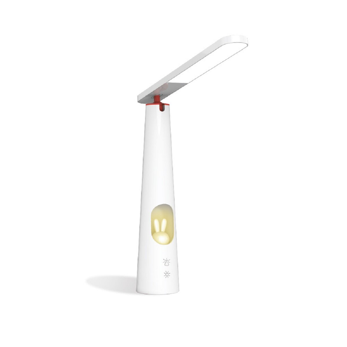 Eine weiße Schreibtischlampe mit Hasenlicht. Sie hat einen langen, verstellbaren Kopf.