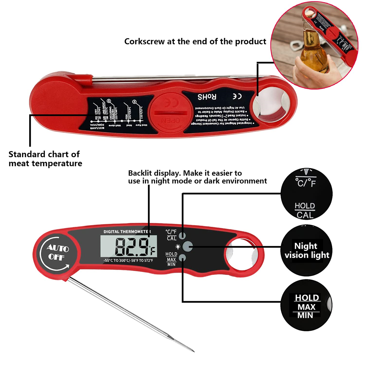Rotes digitales Thermometer mit Fleischtemperaturtabelle.