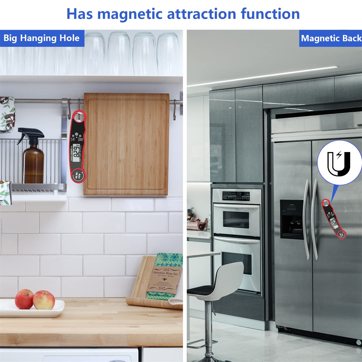 Das Bild zeigt ein digitales Thermometer an einer Wand und an einem Kühlschrank. Es hat eine Magnetanziehungskraft.