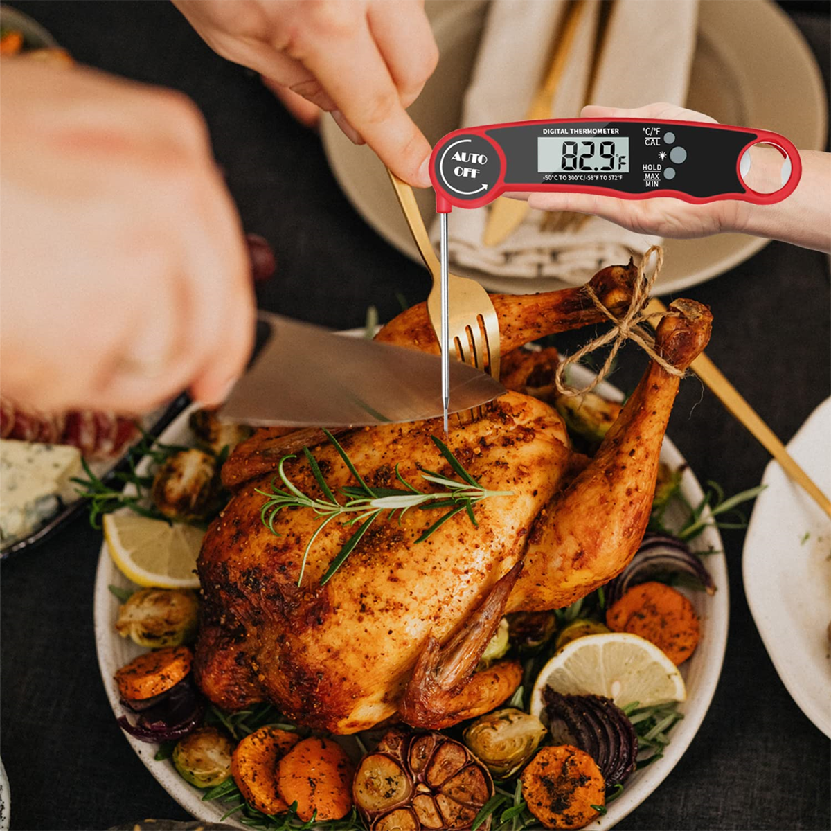 Person prüft gebratenes Huhn mit Digitalthermometer.
