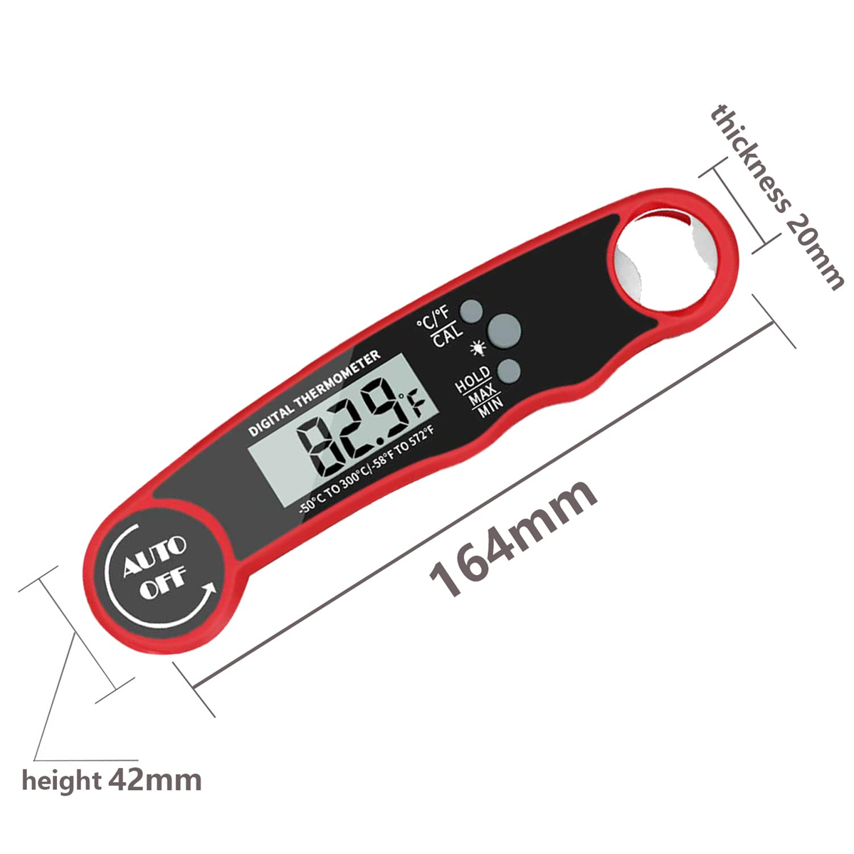 Ein digitales Thermometer, schwarz und rot, zeigt 82,9 °F an. Abmessungen: 164 mm lang, 42 mm hoch und 20 mm dick.