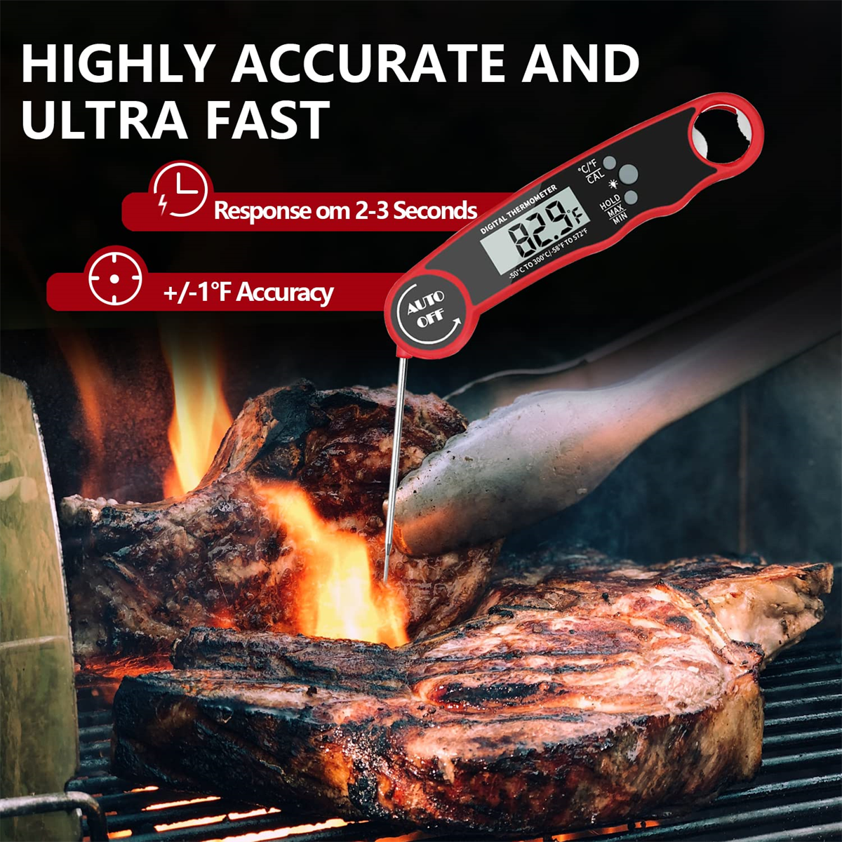 Ein Digitalthermometer wird in ein Steak auf einem Grill gesteckt, Flammen sind sichtbar.