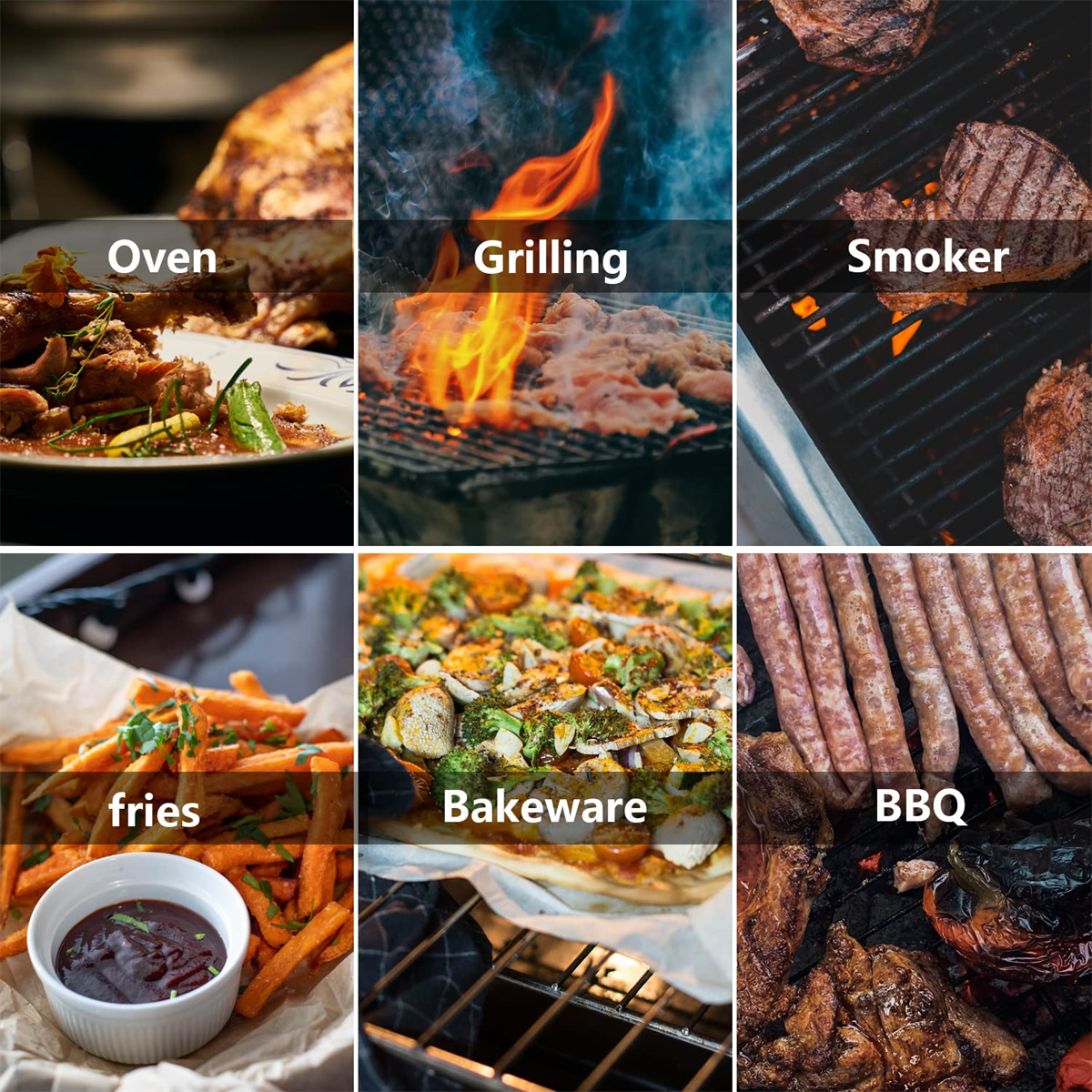 Eine Collage von Essensbildern mit den Bezeichnungen 'Oven', 'Grilling', 'Smoker', 'fries', 'Bakeware' und 'BBQ'.