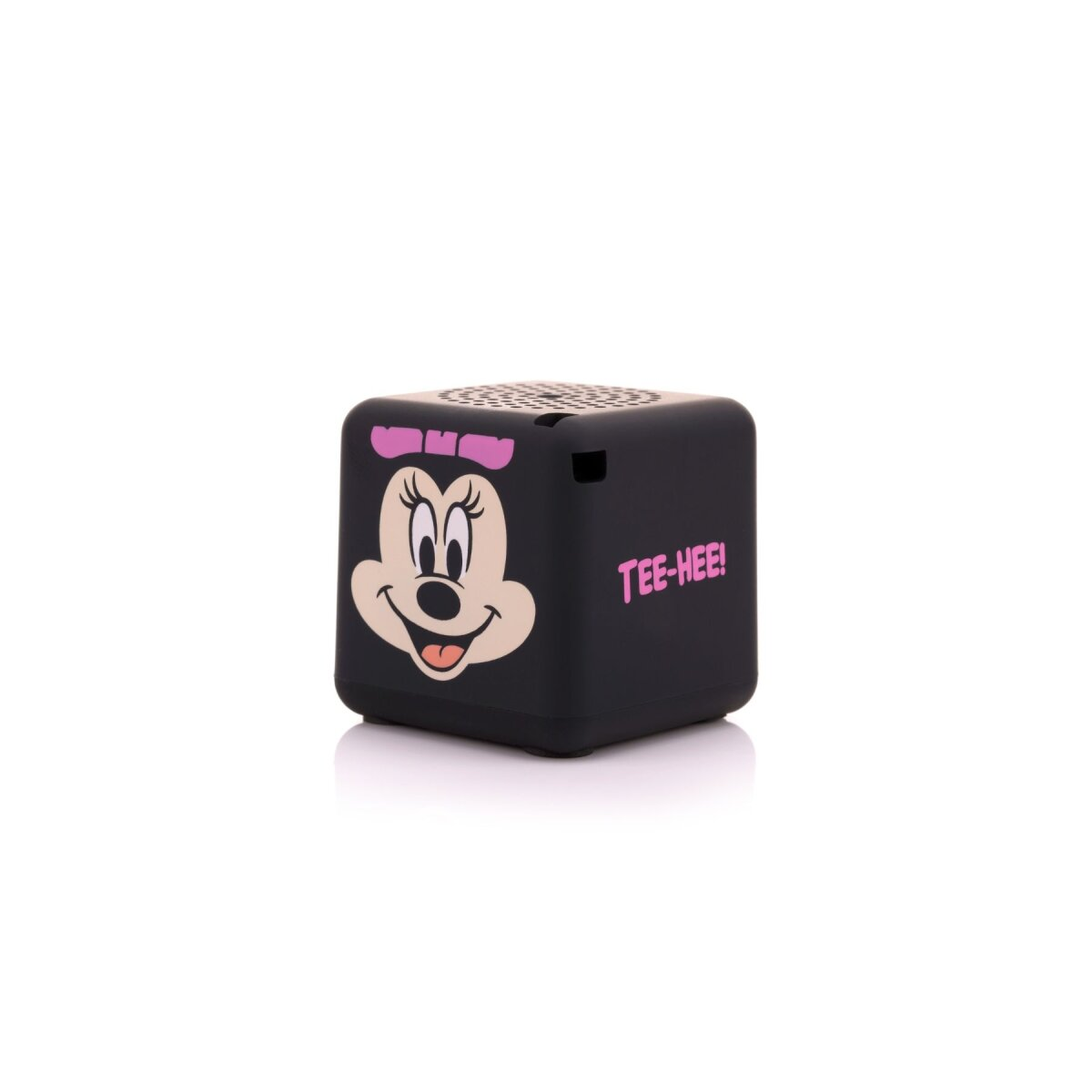Schwarze Box mit Minnie-Maus-Gesicht und Text 'TEE-HEE!'