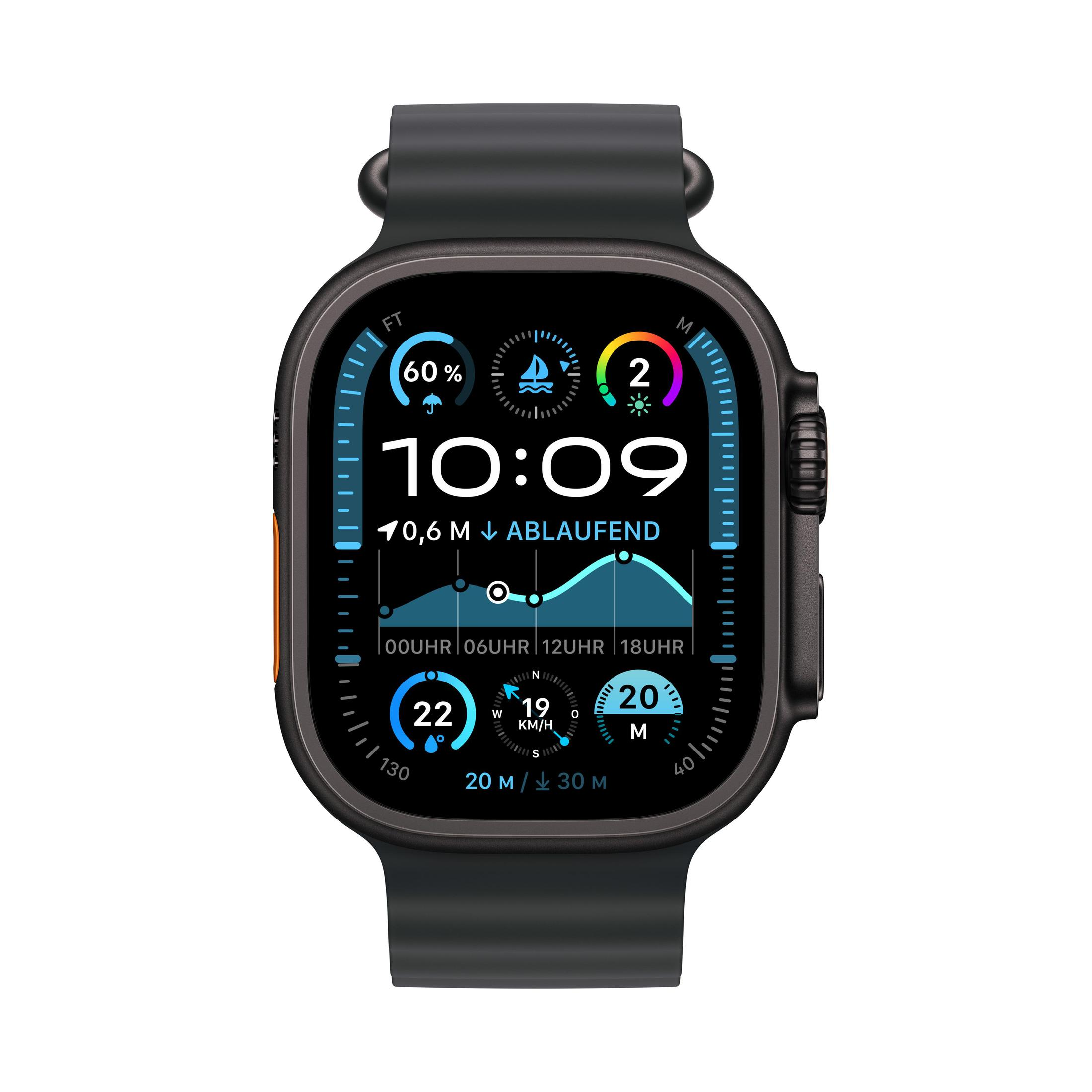 Smartwatch met een zwarte band, met tijd, gegevens en een blauw-witte interface.