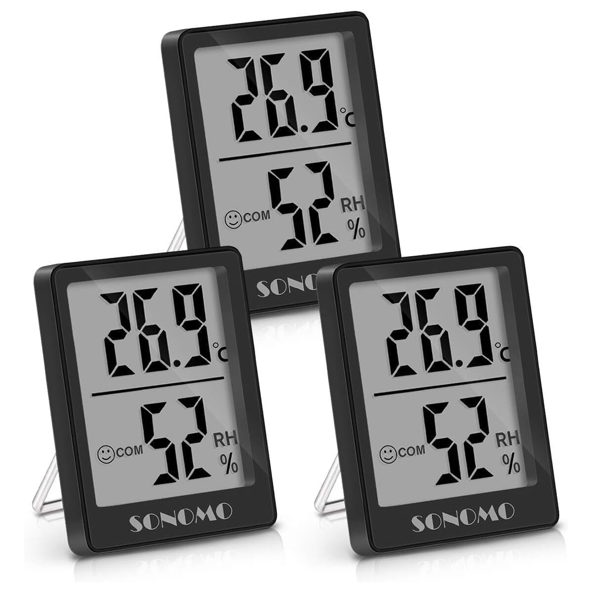 Drei digitale Thermometer mit Temperatur- und Feuchtigkeitsanzeige auf weißem Hintergrund.