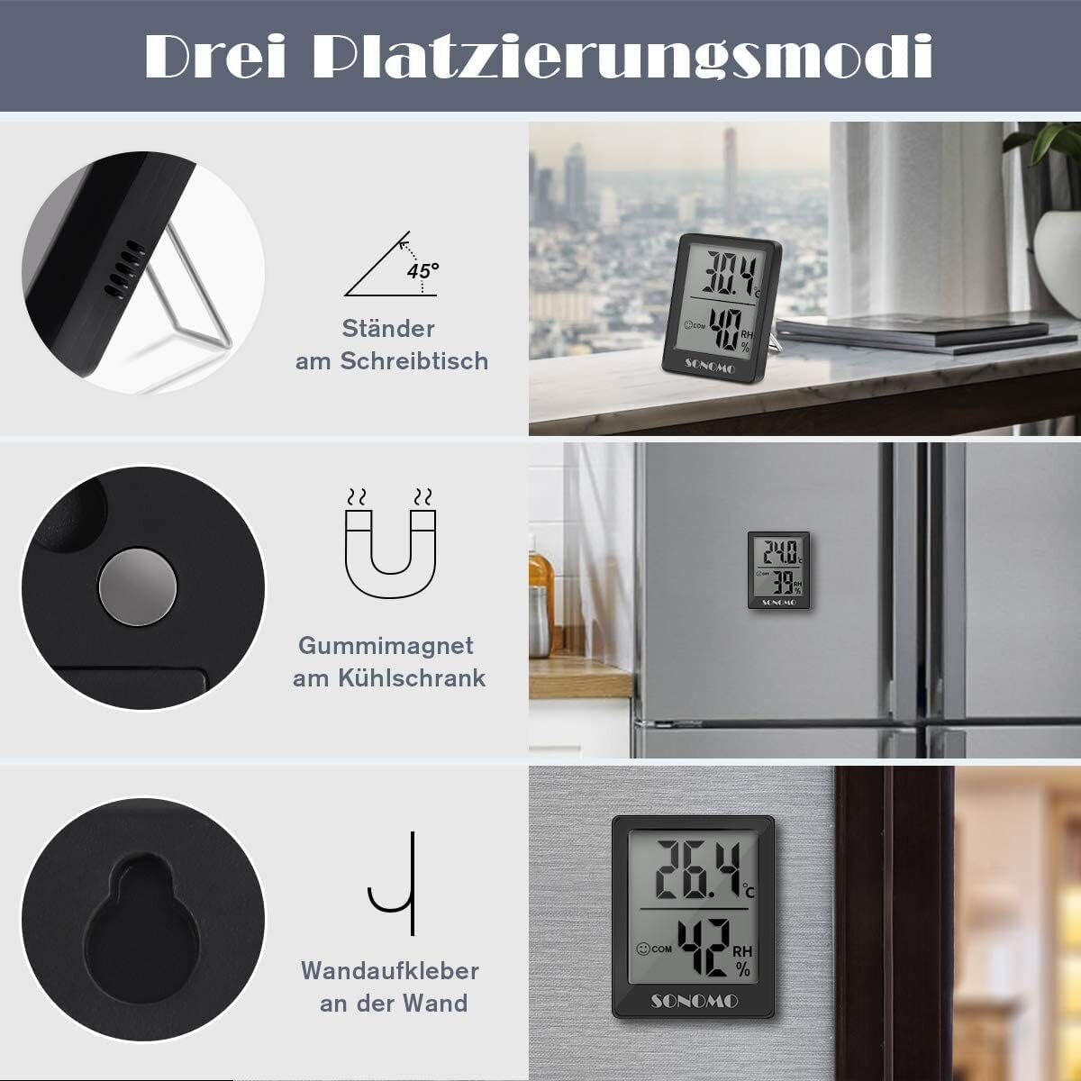 Thermometer mit drei Platzierungsoptionen: Ständer, Magnet und Wandhalterung. Texte auf Deutsch.