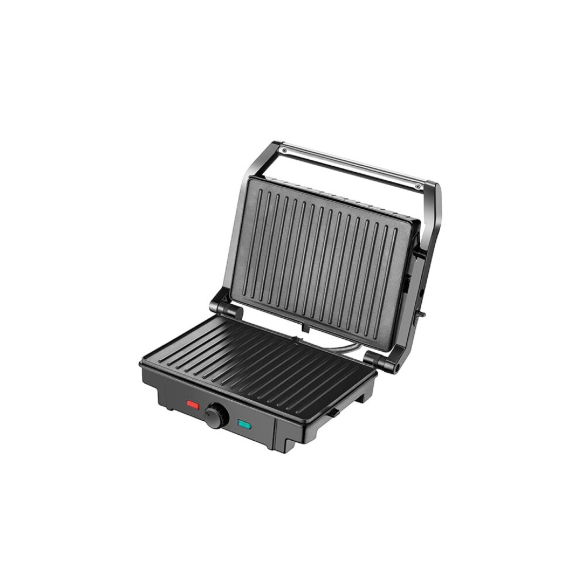 Schwarzer Elektrogrill, offen, mit einem Bedienknopf unten, auf weißem Hintergrund.