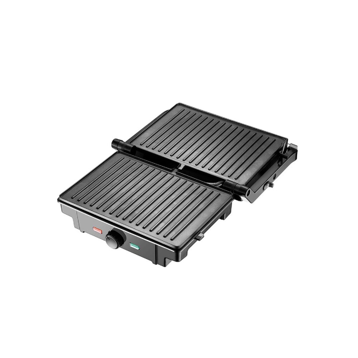 Elektrischer schwarzer Grill, offen, mit Grilllinien. Schwarzer Drehknopf vorne.