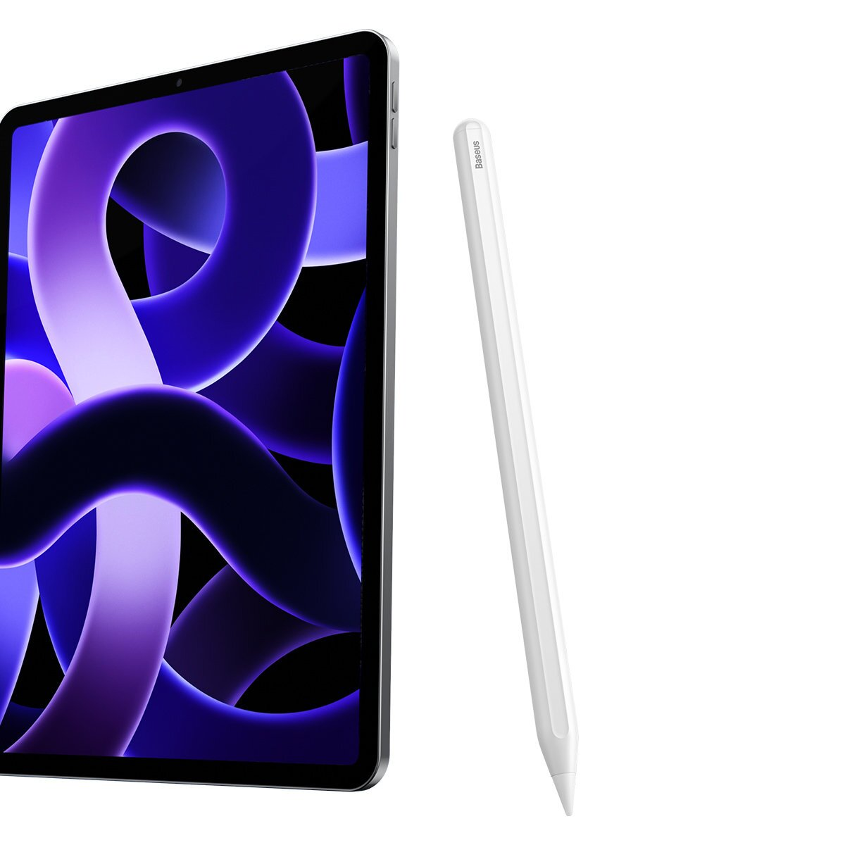 iPad z fioletowo-niebieskim ekranem i białym rysikiem na białym tle.