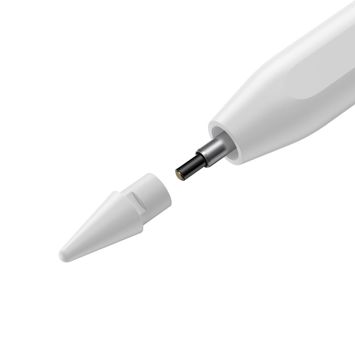 Biała końcówka Apple Pencil odłączona, odsłaniająca wewnętrzny metalowy element, na białym tle.