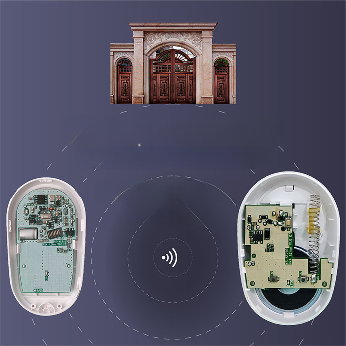 Diagramm eines Smart-Home-Steuergeräts. Zeigt interne Komponenten und den Eingang eines Hauses.